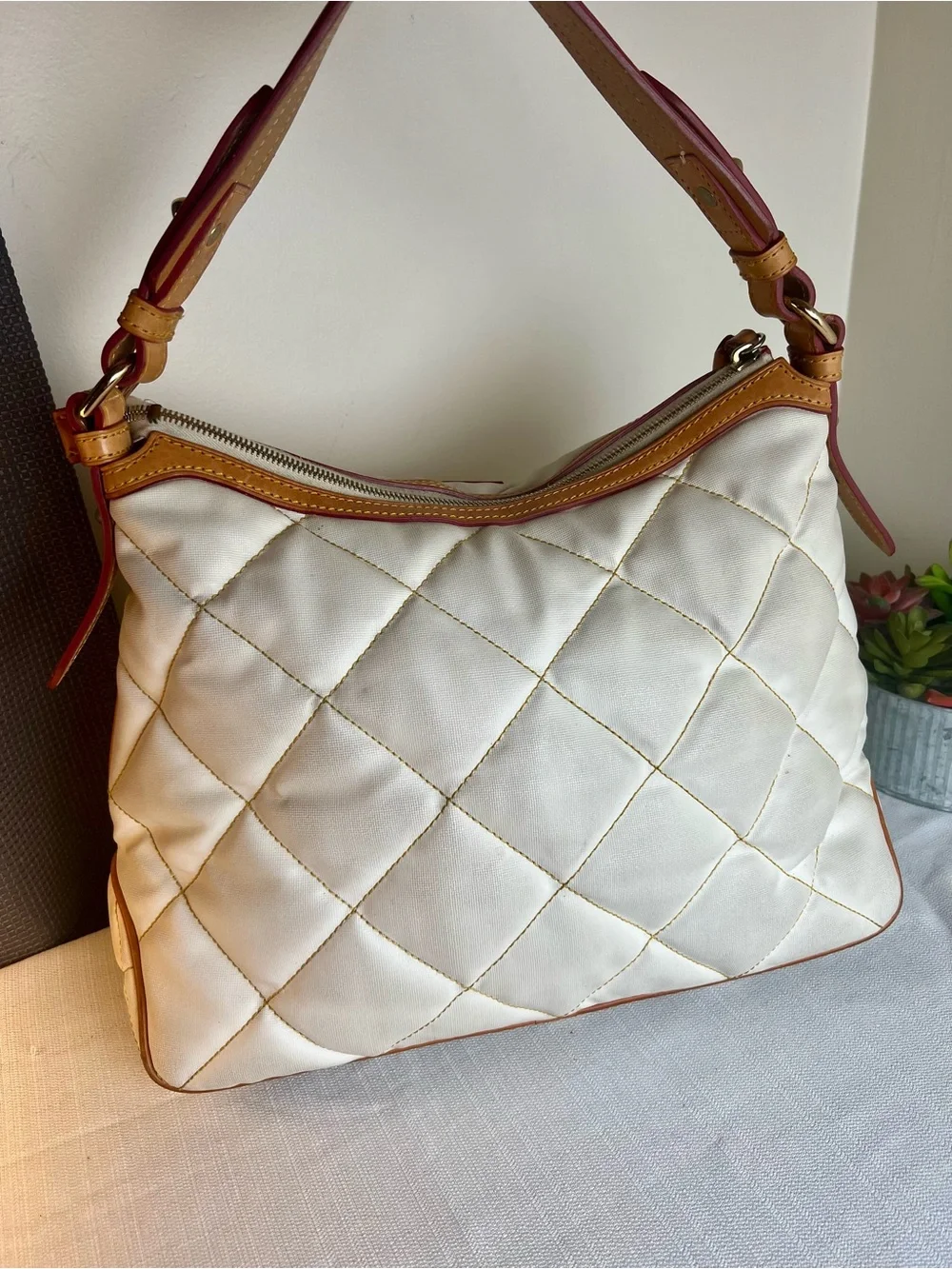 Dooney & Bourke Cream Quilted Shoulder Bag with Tan Trim
